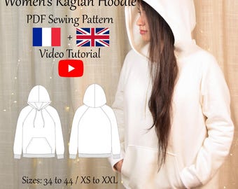 Damen Raglan Hoodie PDF Schnittmuster & Video Tutorial - Größen XS bis 2XL - Sofortiger Download - A4, A0, US Letter Formate - Ebenen inklusive