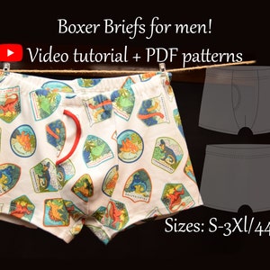 Calzoncillos tipo bóxer para hombre Patrón de costura en PDF y tutorial en vídeo - Tallas S a 3XL - Descarga instantánea - A4, A0, formatos de carta de EE. UU. - Capas incluidas