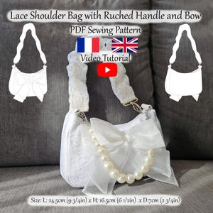 Bolso de hombro de encaje con bolsillos interiores, correa fruncida, lazo y asa de perla – Patrón en PDF y videotutorial – Talla única – A4, A0, Carta (EE. UU.)