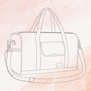 May include: A black and white line drawing of a duffel bag featuring two top handles, a detachable shoulder strap with an adjustable buckle, a front pocket with a scalloped flap closure, and a small rectangular label on the lower right side.