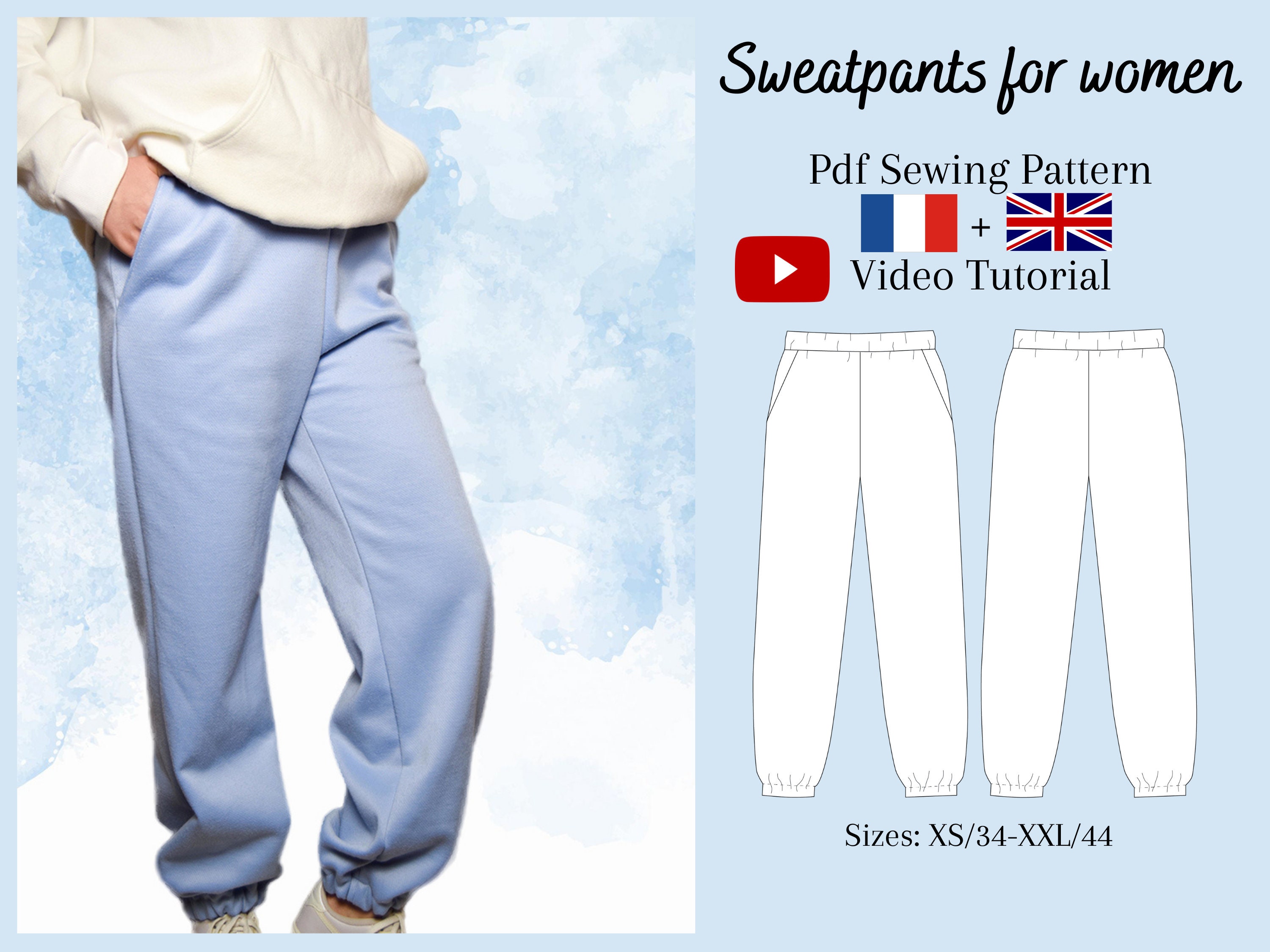 Women's Sweatpants PDF Sewing Pattern & Video Tutorial Sizes XS to 2XL