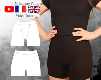 Patrón de costura en PDF y videotutorial de calzoncillos tipo bóxer para mujer. Tallas desde XS a 2XL. Descarga instantánea. Formatos A4, A0 y carta de EE. UU.. Capas incluidas.