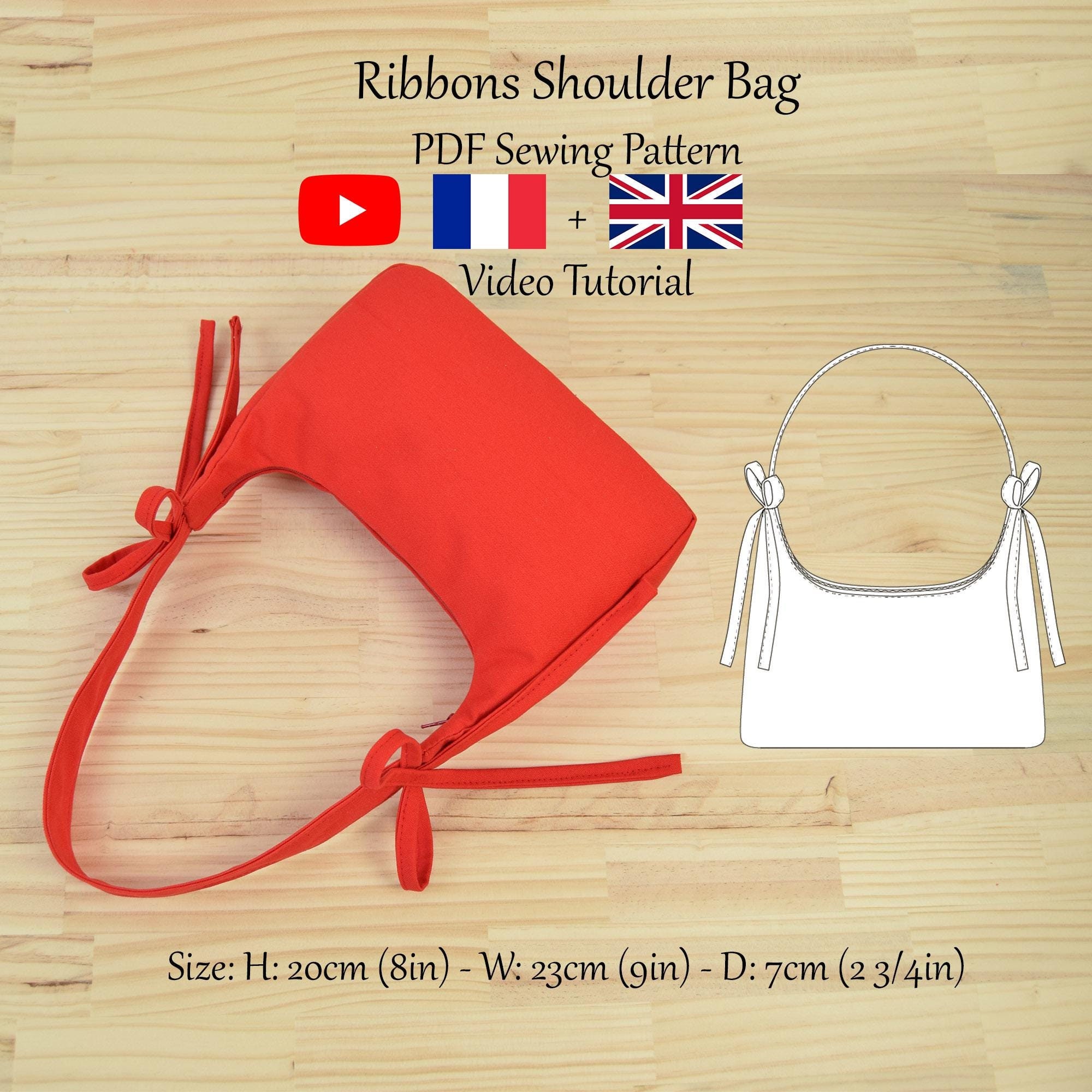 Mini Shoulder Bag With Ribbons and an Inner Pocket - PDF Sewing Pattern & Video Tutorial - One size - Instant Download - A4, A0, US Letter.