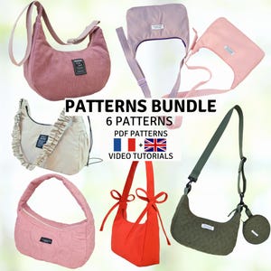 Bundle of 6 Sewing Patterns - Shoulder, Crossbody, Hobo Bags  - PDF Sewing Patterns + Video Tutorials - Instant Download - A4, A0, US Letter