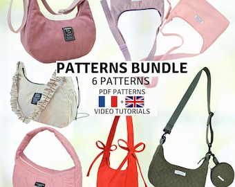 Bundle of 6 Sewing Patterns - Shoulder, Crossbody, Hobo Bags  - PDF Sewing Patterns + Video Tutorials - Instant Download - A4, A0, US Letter