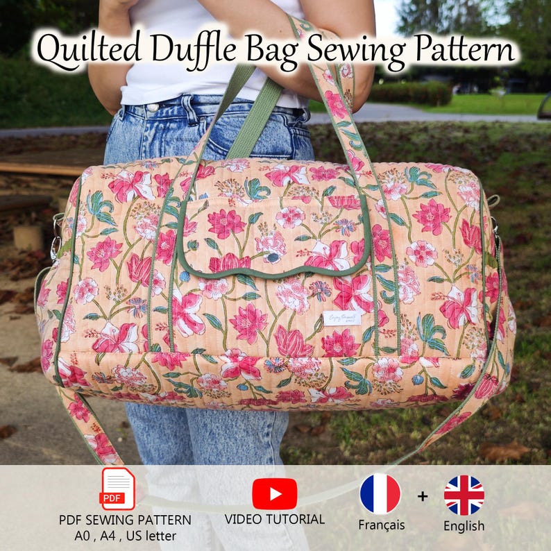 May include: A quilted duffle bag featuring a peach background with a pink and green floral pattern, green trim, and a front pocket. The text Quilted Duffle Bag Sewing Pattern is visible at the top, with PDF sewing pattern and video tutorial icons.