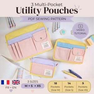 Könnte beinhalten: Drei Mehrfach-Taschen-Utility-Pouches in Gelb, Rosa und Lavendel. Die Pouches haben mehrere Taschen und sind in drei Größen erhältlich: M, S und XS. Das Bild enthält den Text "PDF SEWING PATTERN" und "VIDEO TUTORIAL".