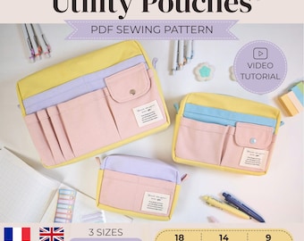 3 Multi-Pocket Organizer Utility Pouches - PDF Sewing Pattern & Video Tutorial - 3 sizes S + XS - Instant Download - A4, A0, US Letter.