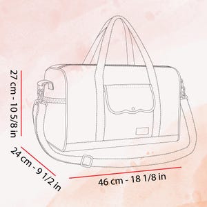May include: A line drawing of a duffel bag with two top handles, a detachable shoulder strap, and a front flap pocket. Dimensions are 10 5/8 inches high, 9 1/2 inches deep, and 18 1/8 inches wide, as indicated by the red measurement lines.