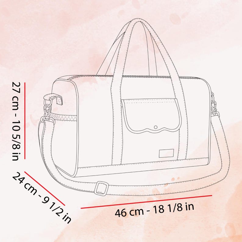 May include: A line drawing of a duffel bag with two top handles, a detachable shoulder strap, and a front flap pocket. Dimensions are 10 5/8 inches high, 9 1/2 inches deep, and 18 1/8 inches wide, as indicated by the red measurement lines.