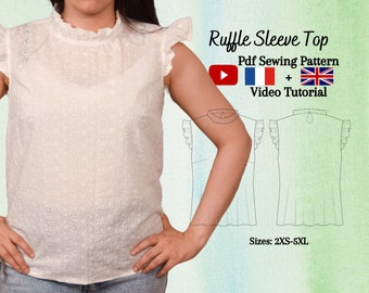 Haut à manches volantées pour femme PDF patron de couture et tutoriel vidéo - tailles XXS à 5XL - téléchargement immédiat - formats A4, A0, lettre US - avec superpositions