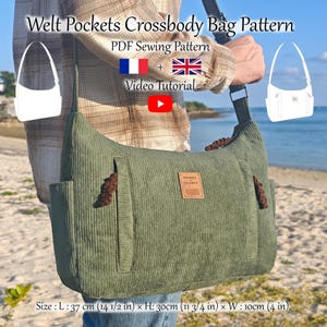 May include: A green corduroy crossbody bag with welt pockets. The bag has brown accents and a label that says "PRODUCT CHANCE". The bag measures 37 cm long, 30 cm high, and 10 cm wide. The image also includes text that says "Welt Pockets Crossbody Bag Pattern" and a video tutorial.