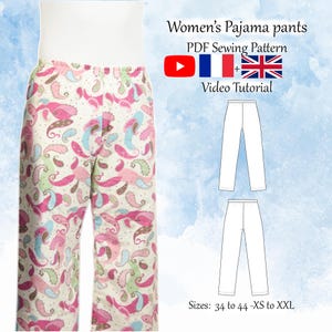 Patrón de costura en PDF y videotutorial de pantalones de pijama para mujer - Tallas XS a 2XL - Descarga instantánea - Formatos A4, A0, Carta de EE. UU. - Capas incluidas