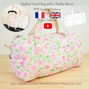 Gesteppte Reisetasche mit Trolleyhülle und Taschen - PDF Schnitt & Video Anleitung - Einheitsgröße - Sofort Download - A4, A0, US Letter.