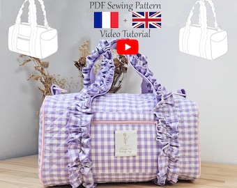 Gingham Quilted Travel Bag with ruffles and Pockets - PDF Sewing Pattern & Video Tutorial - One size - Instant Download - A4, A0, US Letter.