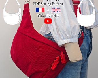 Bolso bandolera en forma de media luna con bolsillos con cremallera y correa - Patrón de costura en PDF y videotutorial - Talla única - Descarga instantánea - Tamaños A4, A0 y Carta estadounidense.