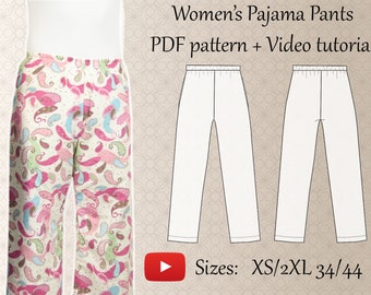 Pantalon de pyjama pour femmes PDF Patron de couture et tutoriel vidéo - Tailles XS à 2XL - Téléchargement instantané - A4, A0, Formats lettre US - Couches incluses