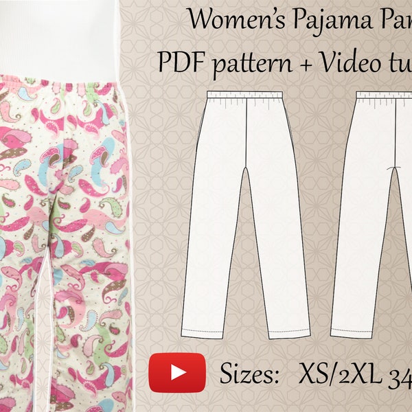 Pantalon de pyjama pour femmes PDF Patron de couture et tutoriel vidéo - Tailles XS à 2XL - Téléchargement instantané - A4, A0, Formats lettre US - Couches incluses