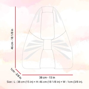 May include: A white, abstract-shaped object with dimensions labeled: 38 cm (15 in) long, 46 cm (18 1/8 in) high, and 1 cm (3/8 in) wide. The object has a bow-like design at the bottom and is set against a watercolor background.