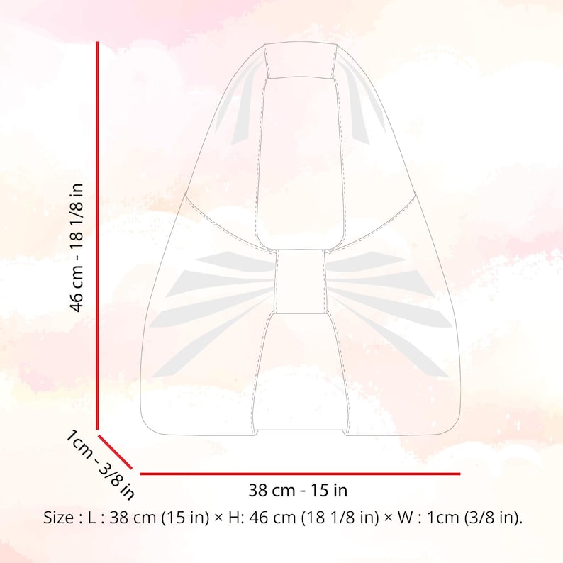 May include: A white, abstract-shaped object with dimensions labeled: 38 cm (15 in) long, 46 cm (18 1/8 in) high, and 1 cm (3/8 in) wide. The object has a bow-like design at the bottom and is set against a watercolor background.
