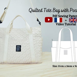 Sac fourre-tout matelassé avec poches Patron de couture PDF et tutoriel vidéo Taille unique Téléchargement immédiat A4, A0, lettre US. image 1