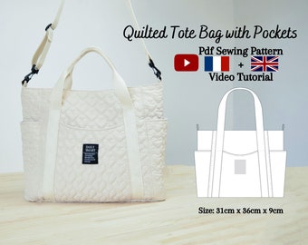 Sac fourre-tout matelassé avec poches - Patron de couture PDF et tutoriel vidéo - Taille unique - Téléchargement immédiat - A4, A0, lettre US.