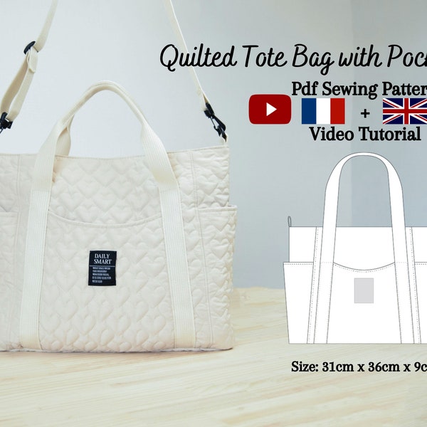 Quilted Tote Bag with Pockets - PDF Sewing Pattern & Video Tutorial - One size - Instant Download - A4, A0, US Letter.
