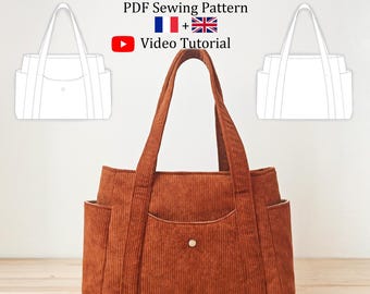 Corduroy Tote Bag With Zipper Closure and Pockets - PDF Sewing Pattern & Video Tutorial - One size - Instant Download - A4, A0, US Letter.