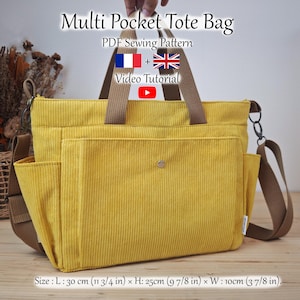 Puede incluir: Un bolso tote de pana amarillo mostaza con múltiples bolsillos y correas marrones. El bolso tiene una correa para el hombro y un asa superior. El texto "Multi Pocket Tote Bag" y "PDF Sewing Pattern" son visibles. Dimensiones: 30 cm (L) x 25cm (H) x 10cm (A).