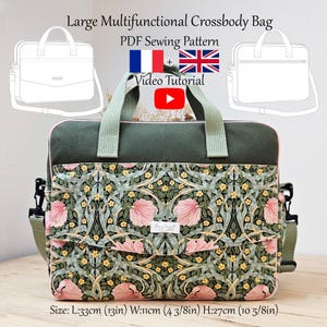 Può includere: Una grande borsa a tracolla multifunzionale con un motivo floreale rosa, verde e giallo. La borsa ha una parte superiore e un manico verdi e un bordo rosa. L'immagine include un modello di cucito PDF e un video tutorial. Dimensioni: 33cm L x 11cm L x 27cm H.