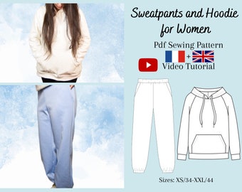 Pantalons de survêtement et sweat à capuche pour femmes Patron de couture PDF et tutoriel vidéo - Tailles XS à 2XL - Formats A4, A0, Lettre US - Couches incluses