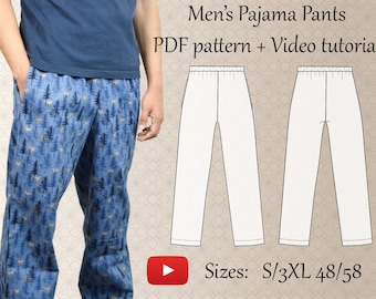 Patron de couture PDF et tutoriel vidéo pour pantalons de pyjama pour hommes - tailles S à 3XL - téléchargement immédiat - formats A4, A0, lettre US - calques inclus