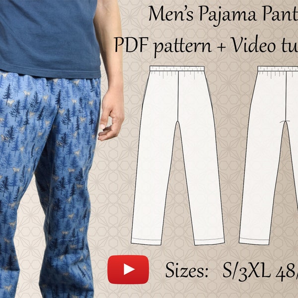 Heren pyjamabroek PDF naaipatroon & video-tutorial - maten S tot 3XL - Instant Download - A4, A0, US Letter Formaten - Lagen inbegrepen