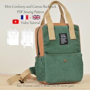 Mini mochila de pana y lona con bolsillos - Patrón de costura en PDF y videotutorial - Talla única - Descarga instantánea - A4, A0, Carta EE. UU.