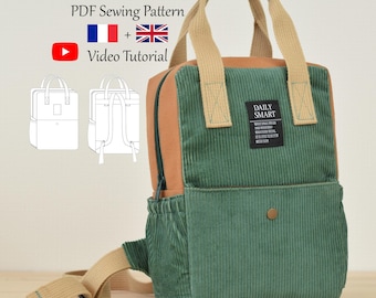 Mini Corduroy and Canvas Backpack with Pockets - PDF Sewing Pattern & Video Tutorial - One size - Instant Download - A4, A0, US Letter.