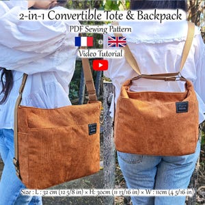 Mochila convertible tipo tote con cierre de cremallera y bolsillos - Patrón de costura en PDF + Videotutorial - Descarga instantánea - Tamaños: A4, A0 y Carta estadounidense