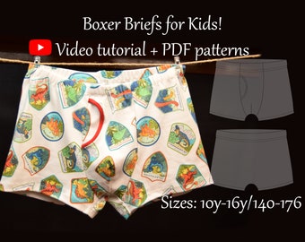 Patron de couture PDF pour caleçons boxer et tutoriel vidéo - Tailles 140 à 176 - Téléchargement immédiat - Formats A4, A0, US Letter - Calques inclus