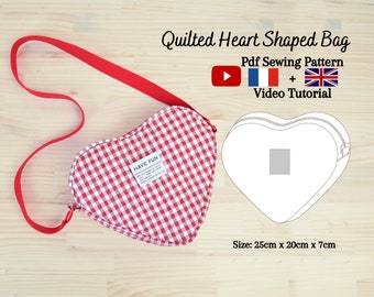 Gingham Quilted Heart Shaped Bag - PDF Sewing Pattern & Video Tutorial - One size - Instant Download - A4, A0, US Letter.