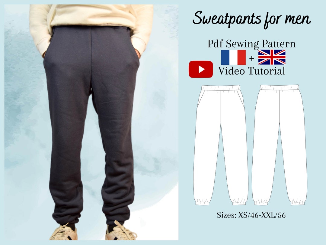 Men s Sweatpants PDF Sewing Pattern Video Tutorial Sizes XS to 2XL