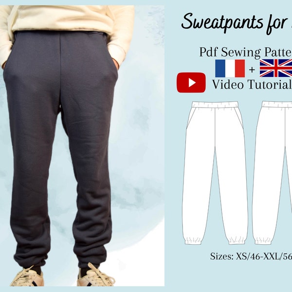 Men's Sweatpants PDF Sewing Pattern & Video Tutorial - Sizes XS to 2XL - Instant Download - A4, A0, US Letter Formats - Layers Included