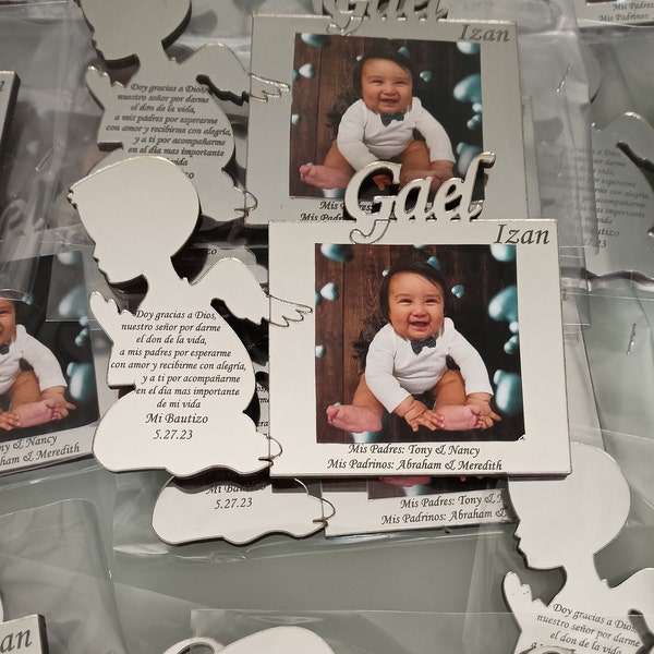 25 Pcs Angel Motif Personalized Photo Frame Mirrored Pleksi Gift for Boys or Girls, Baptism Magnet for Newborns and Children