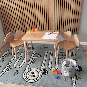 Kindersitzgruppe Kindertisch mit 2 Stühlen, Sitzgruppe aus Holz für Kinder ab 2 Jahre Montessori