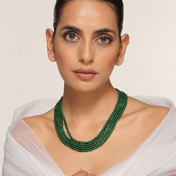 Long Emerald Green Statement Necklace | Long Pearl Necklace Set | Indian Necklace | Gold Necklace Set, Statement Jewelry, Bollywood Necklace