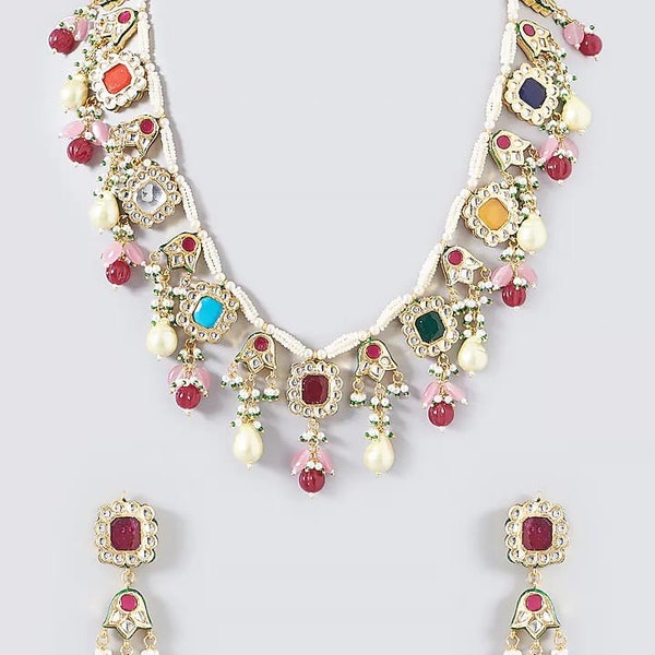 Indian Gold Plated Kundan Polki & Navaratna Stones Handcrafted Long Necklace Set