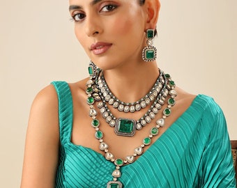 Emerald Green Victorian Necklace, Kundan Long Necklace, Diamond Necklace, Statement Necklace,Beaded Necklace ,Indian jewelry, Sabyasachi