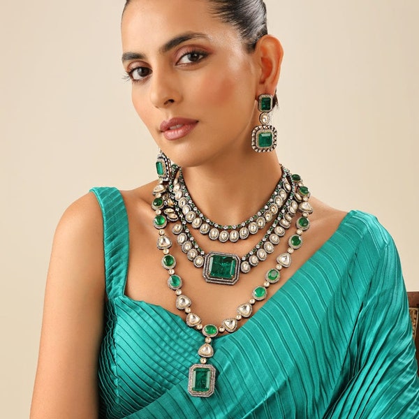 Emerald Green Victorian Necklace, Kundan Long Necklace, Diamond Necklace, Statement Necklace,Beaded Necklace ,Indian jewelry, Sabyasachi