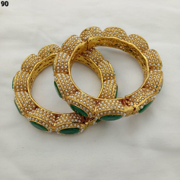New Punjabi Jadau Polki Bangles - Set of 2 / Gold Tone Polki Inspired Jadau Bangles | Kundan Jadau Bangle | Indian Jewellery