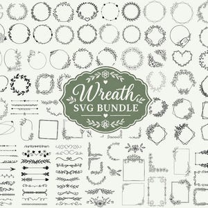 May include: A digital collection of black line art graphics featuring various circular, heart-shaped, and rectangular floral wreaths, borders, and dividers. A central green label displays the white text Wreath SVG BUNDLE.