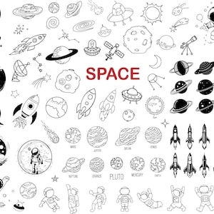 以下が含まれることがあります： 宇宙をテーマにした白黒のイラスト集で、宇宙飛行士、ロケット、惑星、UFO、星などが描かれています。中央には赤色で「SPACE」という文字があり、火星、木星、土星、金星、海王星、天王星、冥王星、水星、地球など、さまざまな天体にラベルが付けられています。