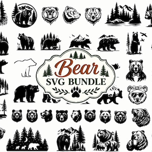 Puede incluir: Una colección de ilustraciones de osos en blanco y negro con varias poses, cabezas de oso y paisajes forestales. El emblema central muestra el texto Bear SVG BUNDLE con iconos de pinos y un gráfico de huella de oso sobre fondo blanco.